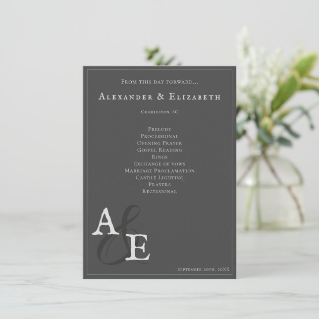 Grey Minimalist Monogram Wedding Program (Standing Front)