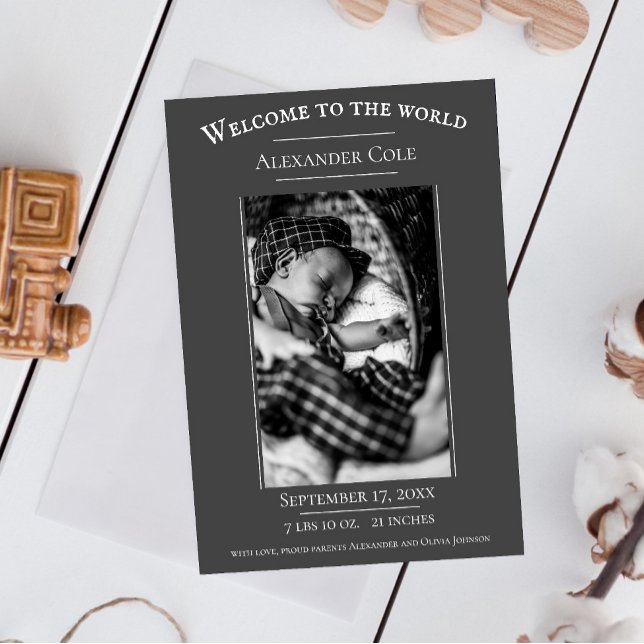 Grey Minimalist Photo Birth Announcement (Gray Minimalist Photo Birth Announcement)