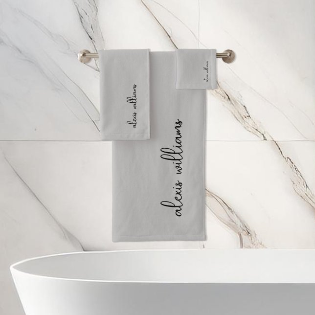 Grey Minimalist Script Signature Monogram Bath Towel Set (Creator Uploaded)