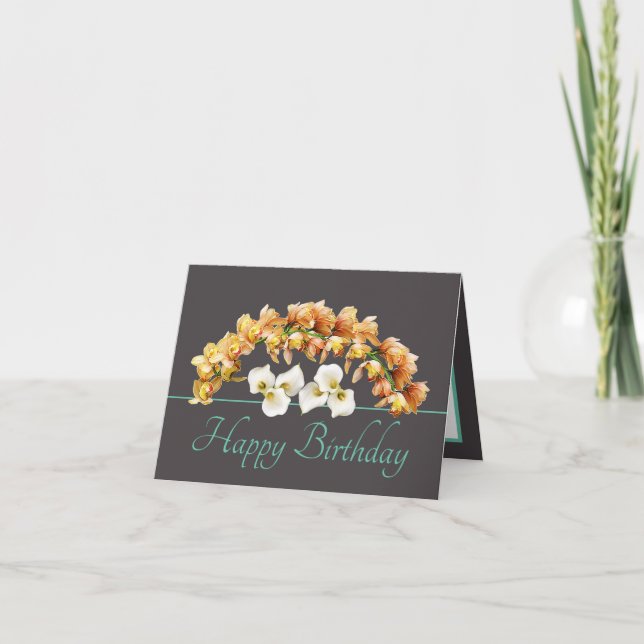 Grey Mint Bouquet Orchids Lilies Happy Birthday Card (Front)