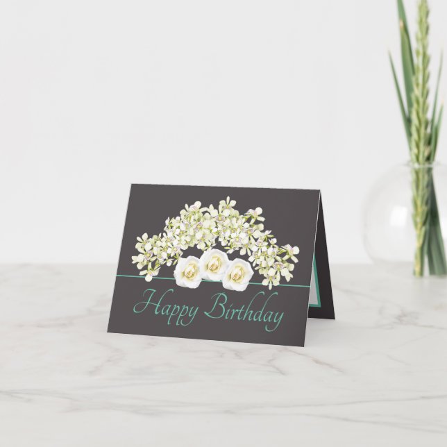 Grey Mint Bouquet Orchids Roses Happy Birthday Card (Front)