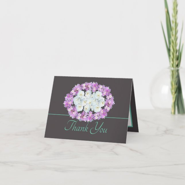 Grey Mint Chic Roses Crocuses Wreath Thank You Card (Front)