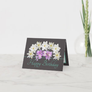 Grey Mint Chic White Purple Bouquet Happy Birthday Card