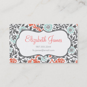 Grey Mint & Coral Retro Floral Damask Business Card