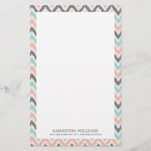 Grey Mint Coral Zigzag Ikat Pattern Stationery