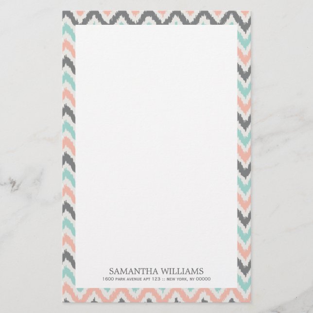Grey Mint Coral Zigzag Ikat Pattern Stationery (Front)