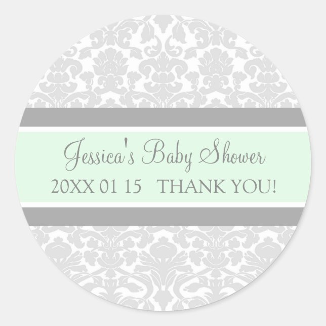 Grey Mint Damask Baby Shower Favour Stickers (Front)