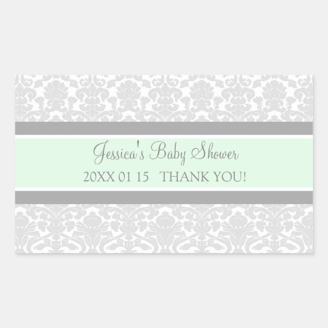 Grey Mint Damask Baby Shower Favour Stickers (Front)