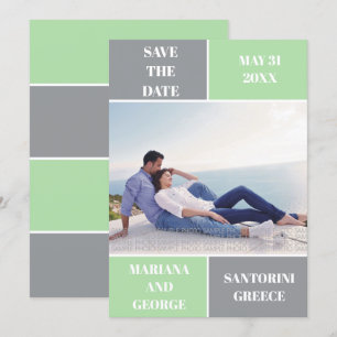 Grey, mint green colour block wedding Save the Dat Date