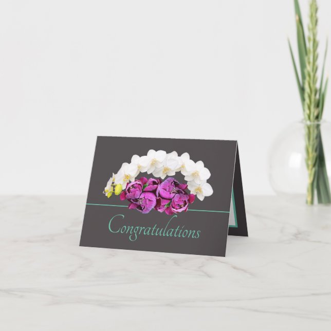 Grey Mint Orchid & Peony Bouquet Congratulations Card (Front)