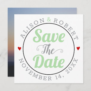 Grey mint  typography hearts photo on the back save the date