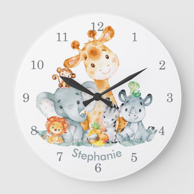 Grey Mint Watercolor Cute Safari Jungle Animals Large Clock (Front)