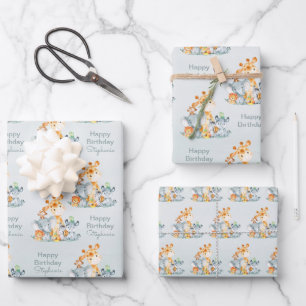 Grey Mint Watercolor Cute Safari Jungle Animals Wrapping Paper Sheet