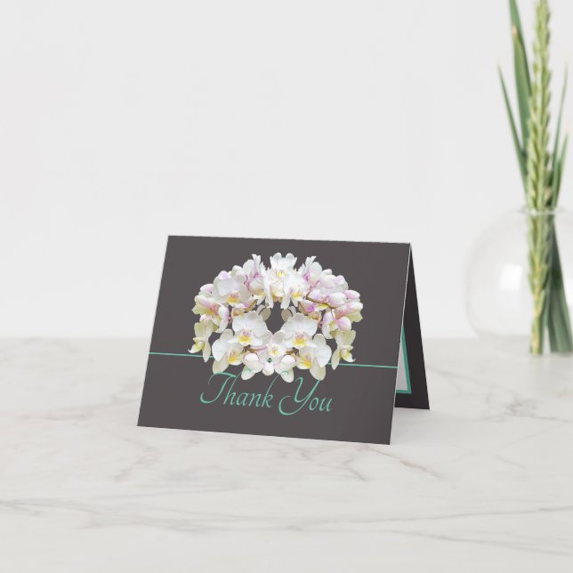 Grey Mint White Orchids Chic Bouquet Thank You Card (Front)