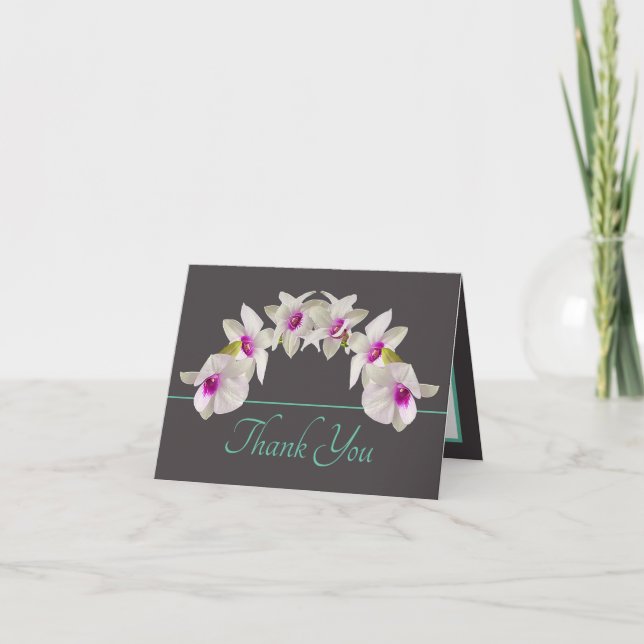 Grey Mint White Pink Orchid Bouquet Thank You Card (Front)