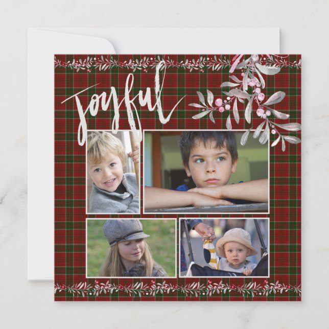 Grey Mistletoe Red Green Christmas Plaid Joyful Holiday Card (Front)