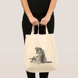 grey mixed breed with teddy cute puppy dog tote bag
