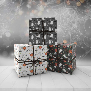 Grey Mixed Halloween Patterns Ghost Pumpkins Wrapping Paper Sheet