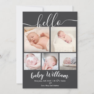 Grey modern 5 grid photo baby boy birth announcement