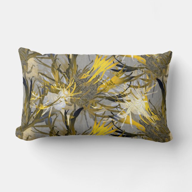 Grey Modern Elegant Abstract Floral Lumbar Cushion (Front)