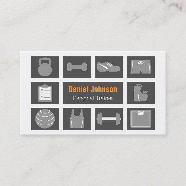 Grey Modern Fitness Icons Personal Trainer Business Card (Front)