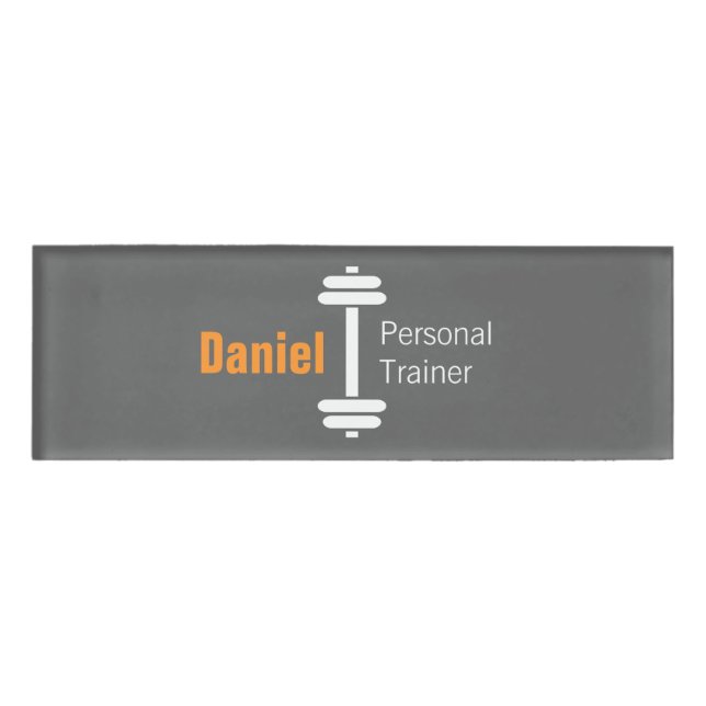 Grey Modern Fitness Personal Trainer Weights Name Tag (Front)
