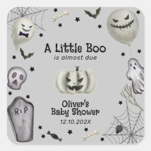 Grey Modern Little Boo Ghost Boy Baby Shower  Square Sticker