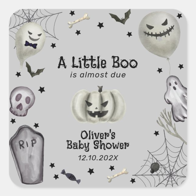 Grey Modern Little Boo Ghost Boy Baby Shower  Square Sticker (Front)