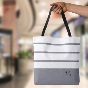Grey Modern Minimalist Striped Monogram Tote Bag