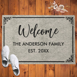 Grey   Modern Monogram The Family Name Welcome Doormat