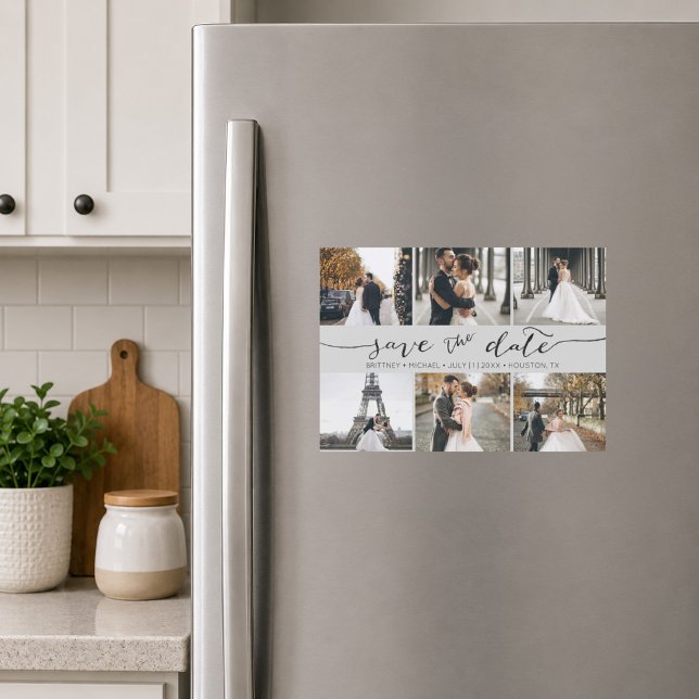 Grey Modern Photo Collage Save the Date (Elegant grey six photo save the date magnet featuring romantic handwritten script typography
)