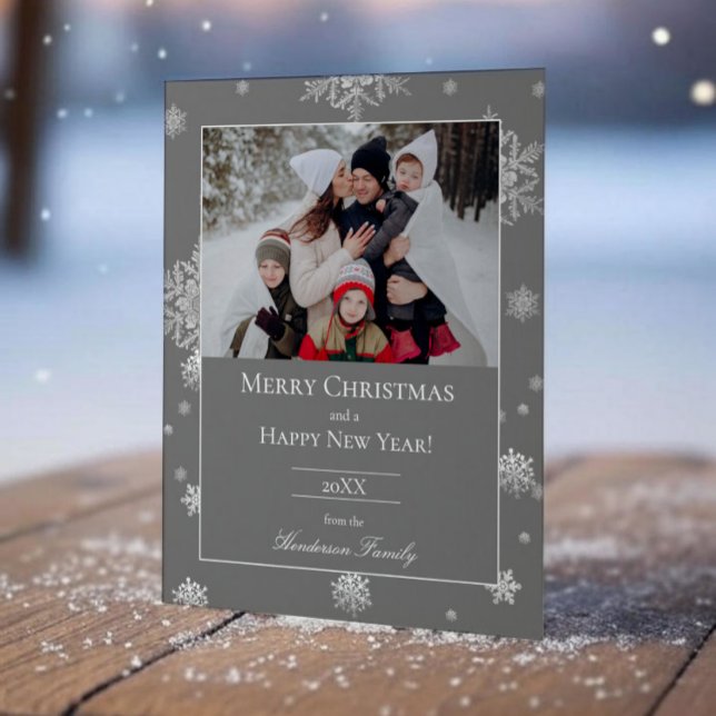 Grey Modern Snowflakes Flat Holiday Photo Card (Gray Modern Snowflakes Holiday Photo Card)