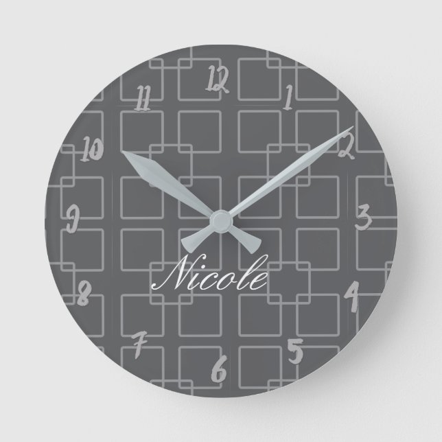 Grey Modern Squares Geometric Personalised Office Round Clock (Front)