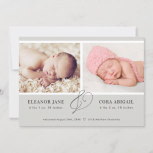 Grey Modern Twins Birth Announcement