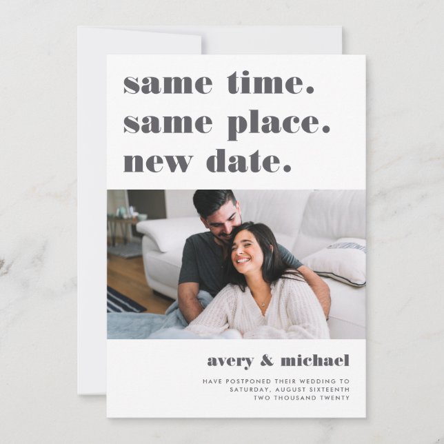 Grey | Modern Wedding Postponement Photo Save The Date (Front)