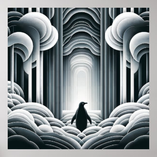 Grey Monochromatic Lovey Baby Penguin Art Deco Poster