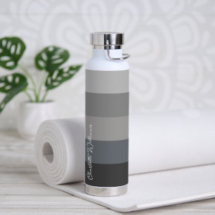 GREY MONOCHROME COLOR STRIPE LINE PATTERN NAME WATER BOTTLE