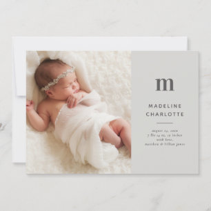 Grey Monogram 1-Photo New Baby Birth Announcement