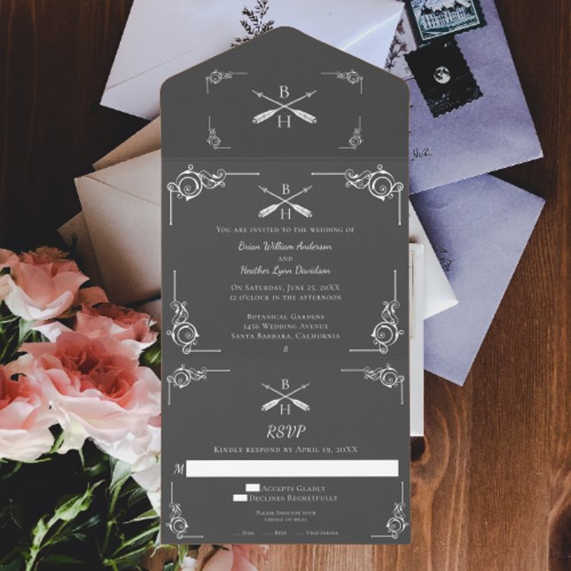 Grey Monogram and Arrows Wedding All In One Invitation (Gray Monogram and Arrows Wedding All in One Invitation)