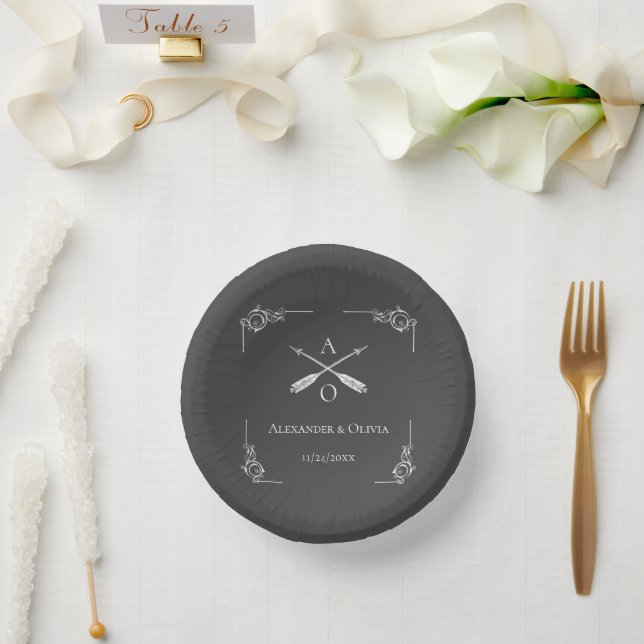 Grey Monogram and Arrows Wedding Paper Bowls Plate (Wedding)