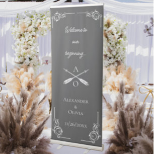 Grey Monogram and Arrows Wedding Retractable Banner