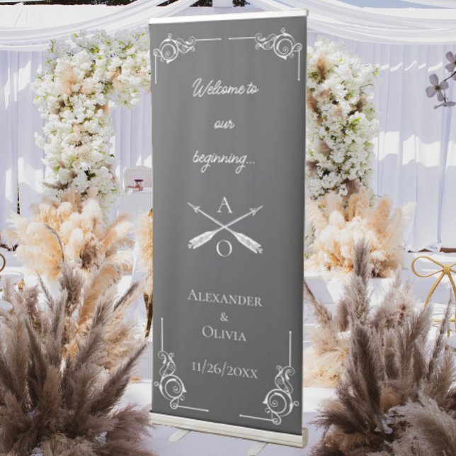 Grey Monogram and Arrows Wedding Retractable Banner (Gray Monogram and Arrows Wedding Welcome Banner)