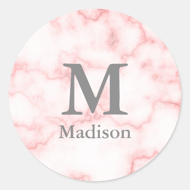 Grey Monogram and Name on Faux Pink Marble Classic Round Sticker (Front)