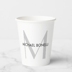 Grey Monogram Black White Name Paper Cups