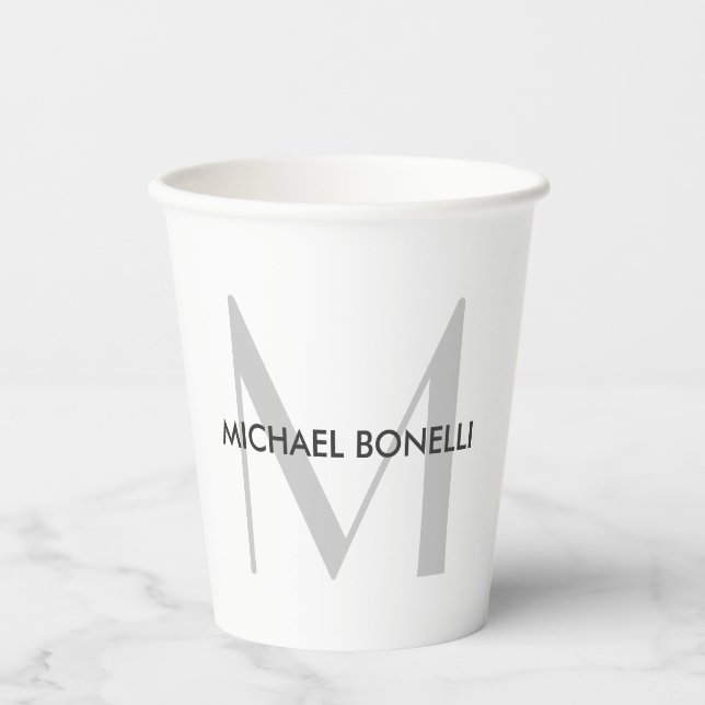 Grey Monogram Black White Name Paper Cups (Front)