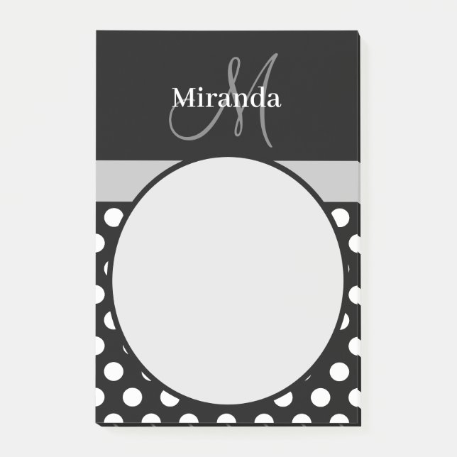 Grey Monogram Black White Polka Dot Post-it Notes (Front)