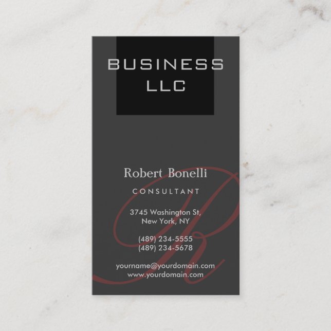 Grey Monogram Calligraphy Consultant Business Card (Front)