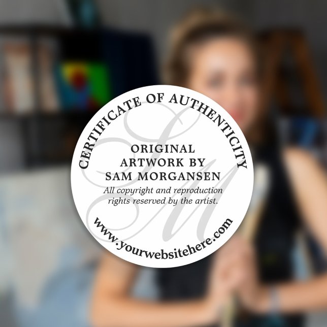 Grey Monogram Elegant Certificate of Authenticity Classic Round Sticker (Creator Uploaded)
