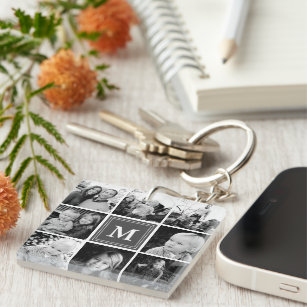 Grey Monogram Family Photo Collage Key Ring