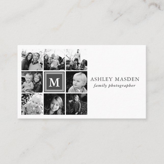 Grey Monogram Family Photo Collage Photography Business Card (Front)